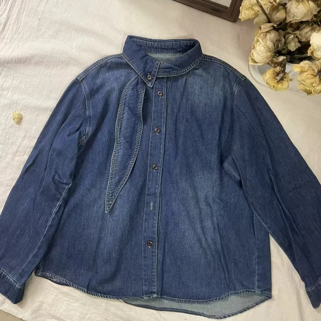 冬季复古飘带磨毛宽松长袖牛仔衬衫