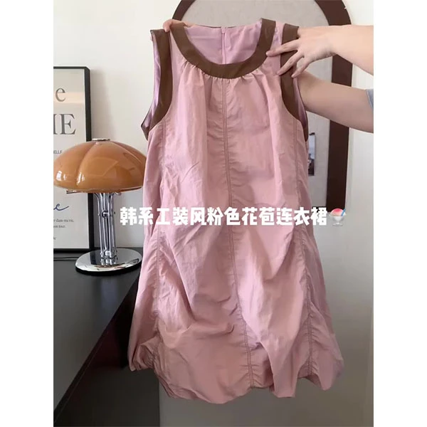 韩系夏日通勤粉色工装花苞连衣裙女2025新款小众设计感减龄短裙子