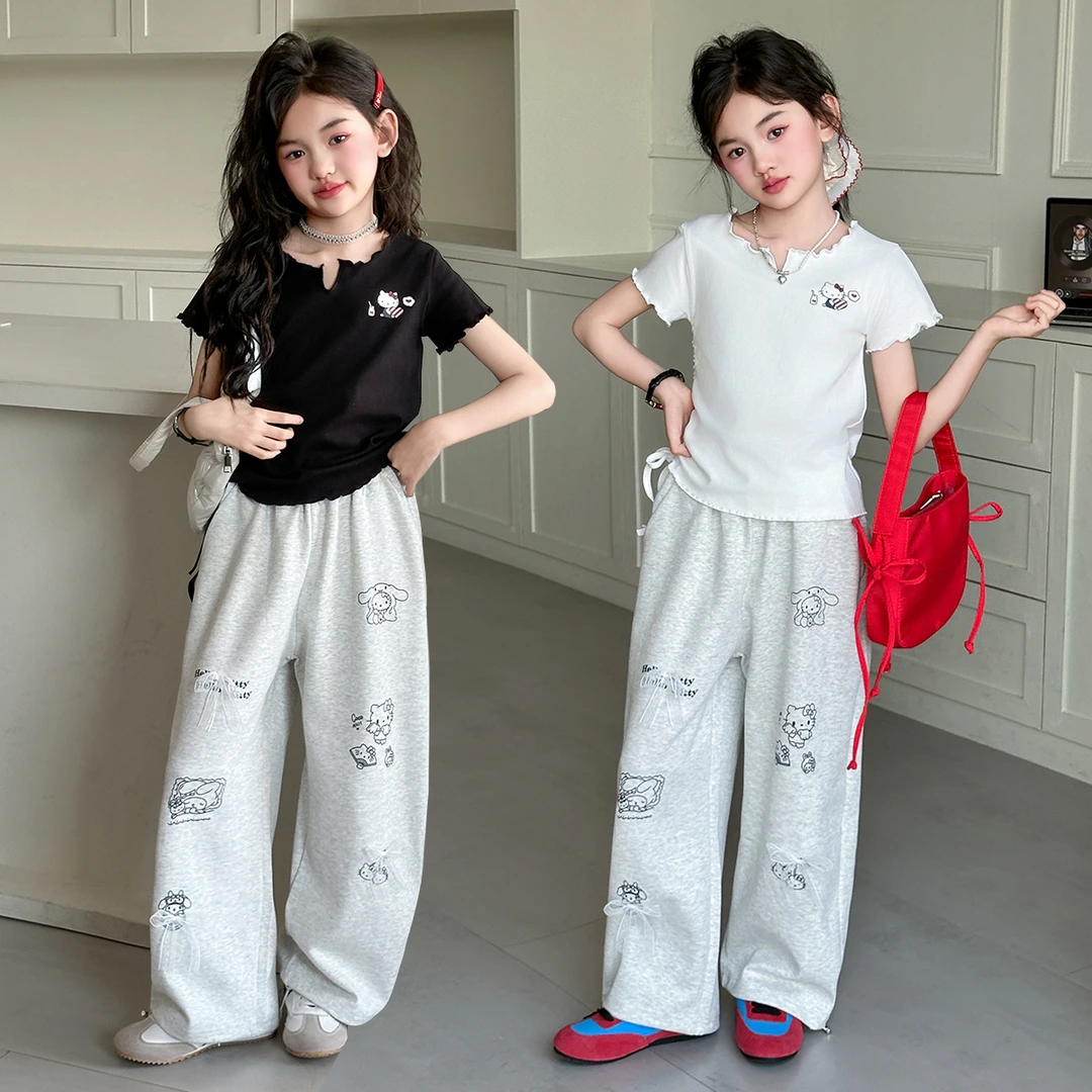 女童夏装套装2025新款洋气短袖T恤女孩阔腿裤中大童运动休闲卫裤