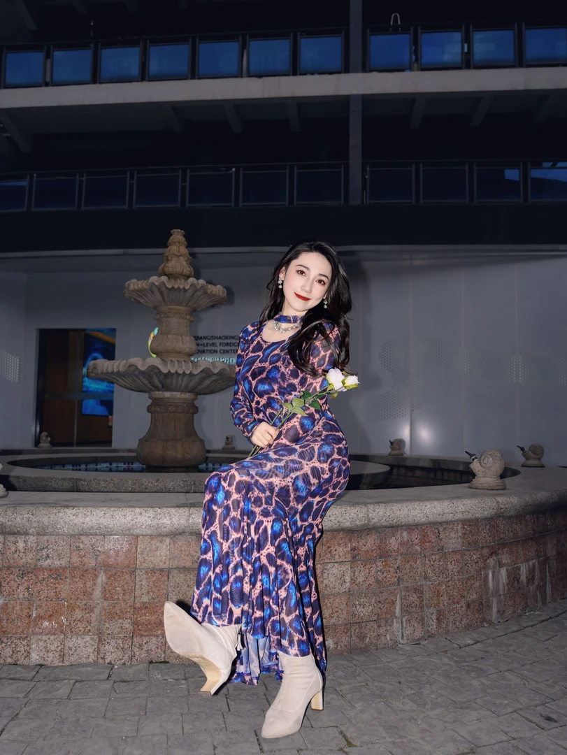 HZHJ设计师款 蓝豹袖连衣裙气质长款轻奢1587