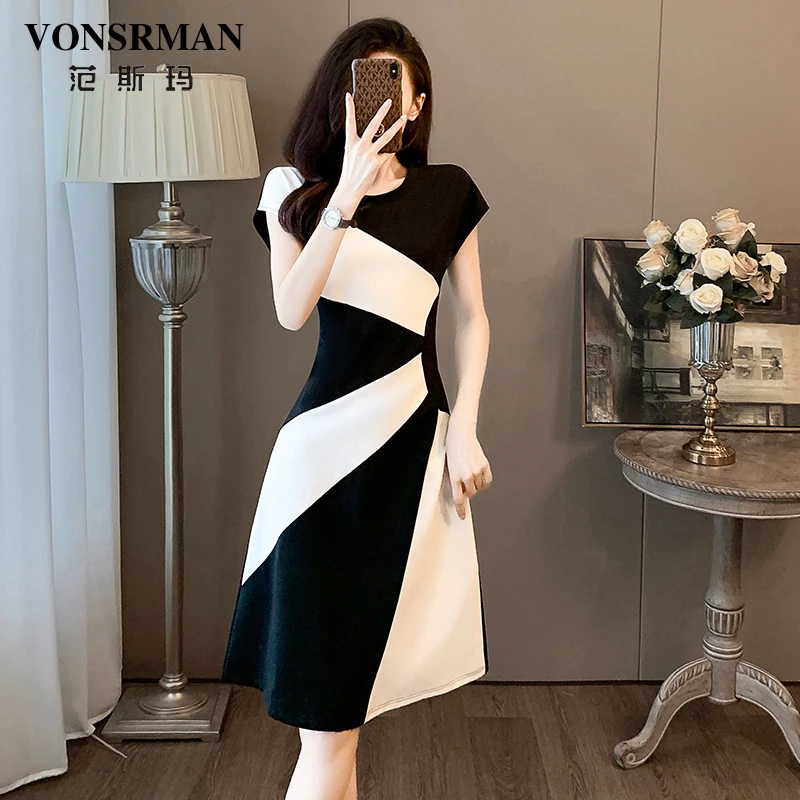 别致独特黑白撞色休闲连衣裙女夏季新款设计感小众气质通勤A字裙