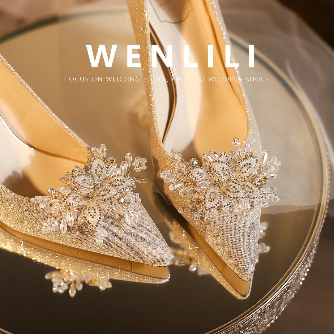 【新品花嫁】法式水钻花朵酒杯跟新娘婚鞋女敬酒秀禾婚纱两穿高跟鞋