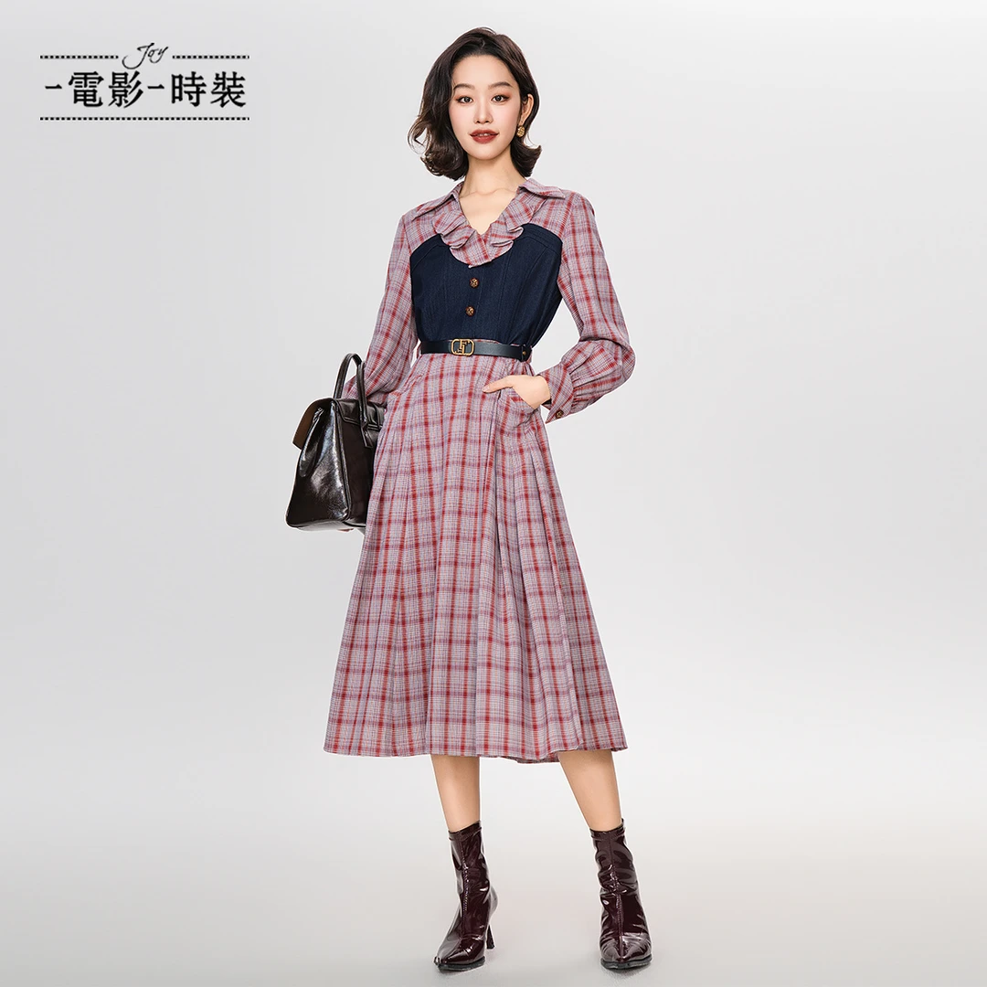 一电影一时装春季新款复古荷叶边红色格纹拼接连衣裙女FFNL113410