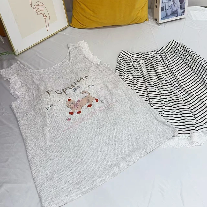 夏季新款宠物猫背心短裤带杯垫睡衣减龄可爱透气亲肤女两件套2348