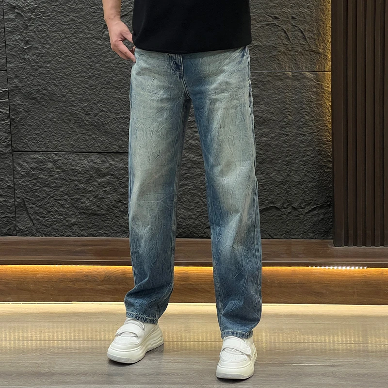 复古做旧男士牛仔裤美式潮牌水洗刮痕直筒裤青年潮流宽松休闲长裤