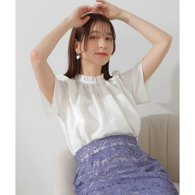 【DD外贸】 夏季新款 N 精致通勤褶皱花苞立领短袖衬衫