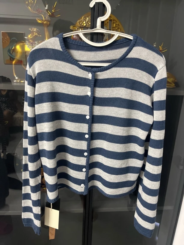 条纹套头款圆领针织毛针织衫开衫长袖时尚蓝色百搭