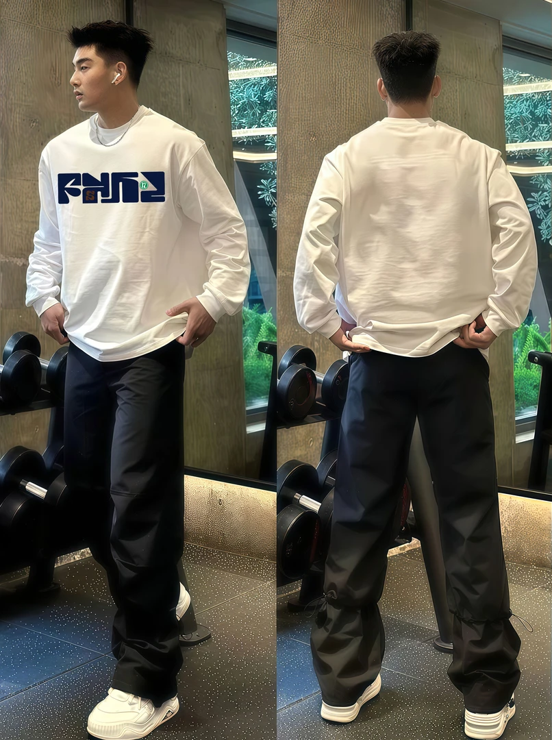 秋季宽松潮流型束口男士春秋休闲重磅圆领时尚百搭修身长袖T恤