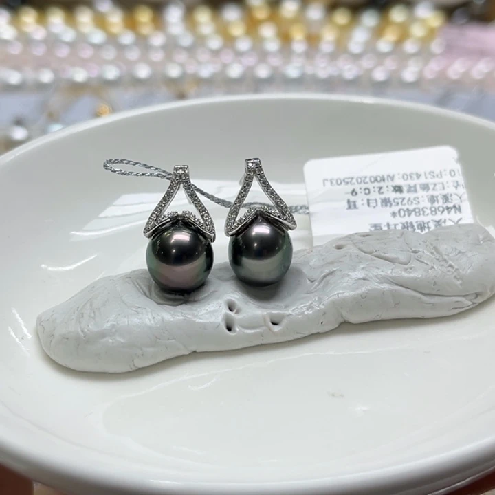 银S925镶嵌耳饰海水珍珠9-10mm77号