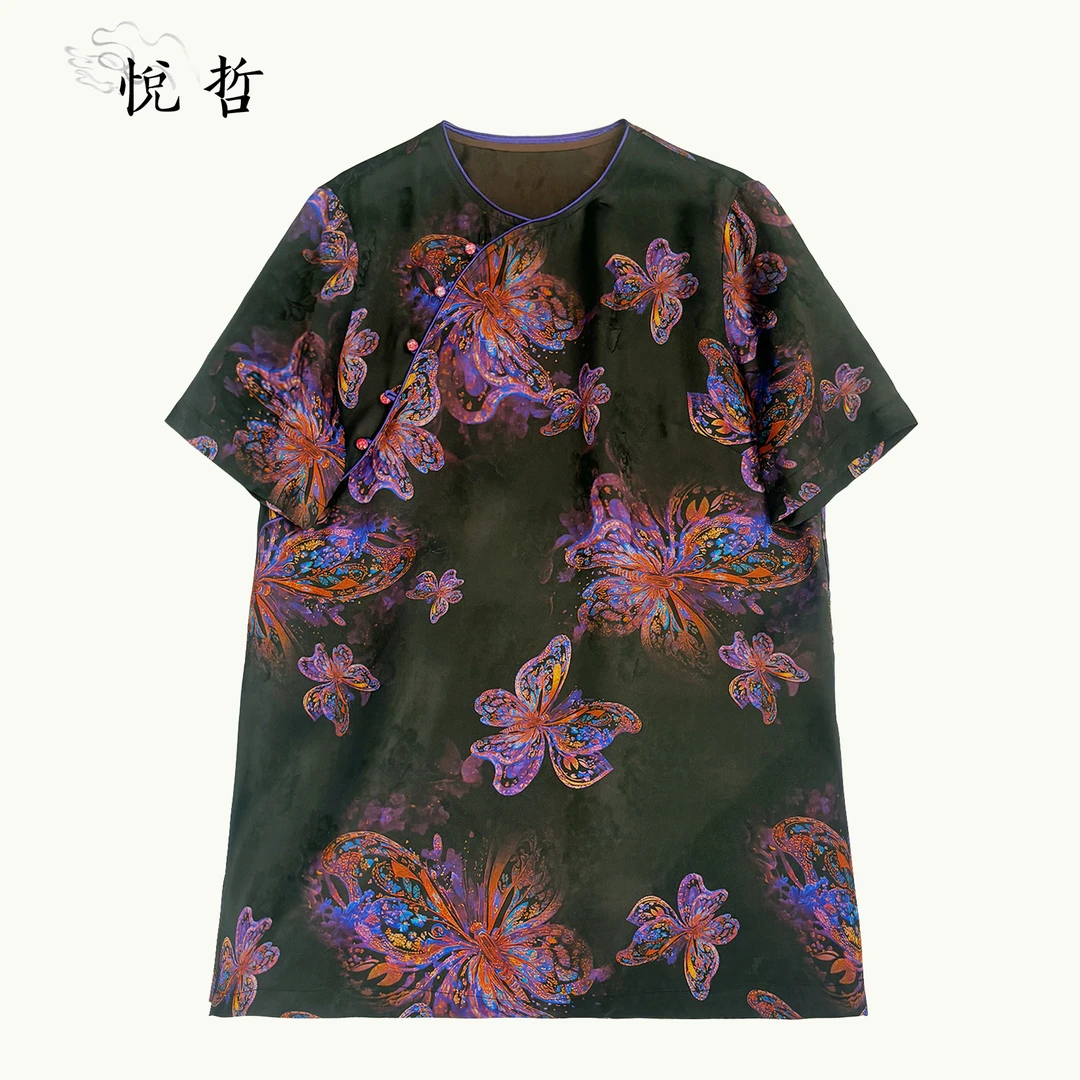 YUEZHE 蝴蝶圆领国风中长款旗袍2025新中式时尚宽松重磅夏季短袖