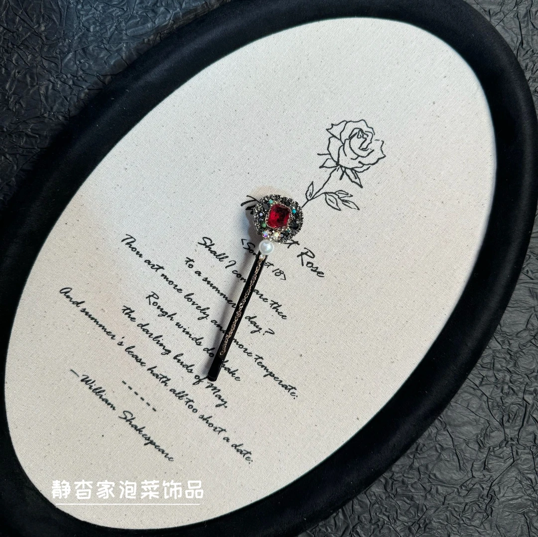 静杳家韩国进口手工款红色原石珍珠一字夹侧边夹