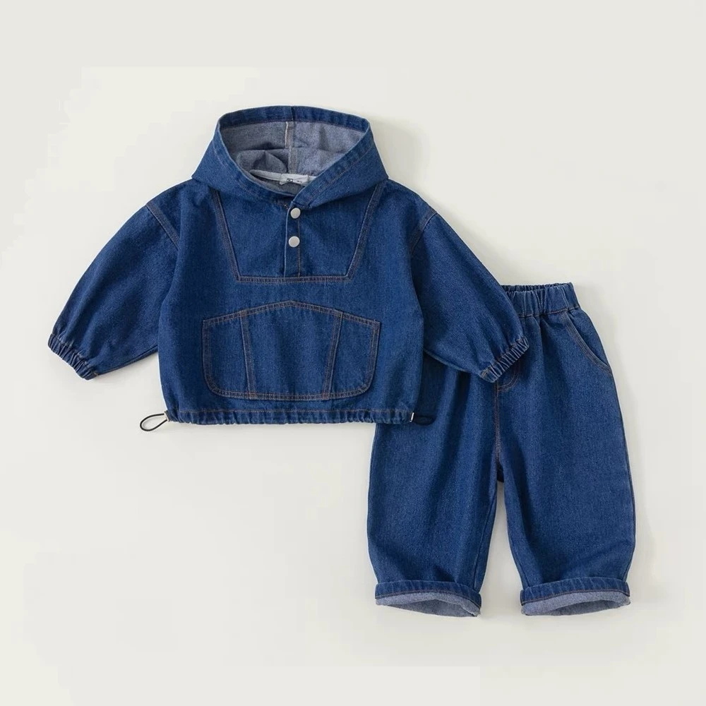 儿童牛仔套装2025春装新款男女童韩版连帽大口袋牛仔套装休闲酷潮