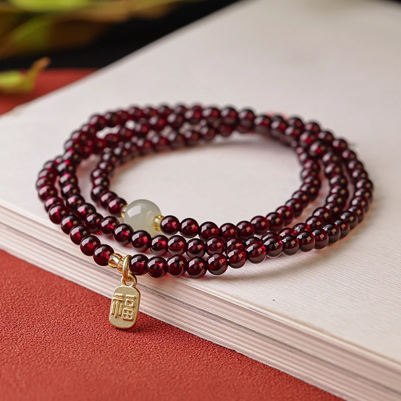 石榴石4mm手串女款2025年多层单珠和田玉串珠手链简约时尚手串