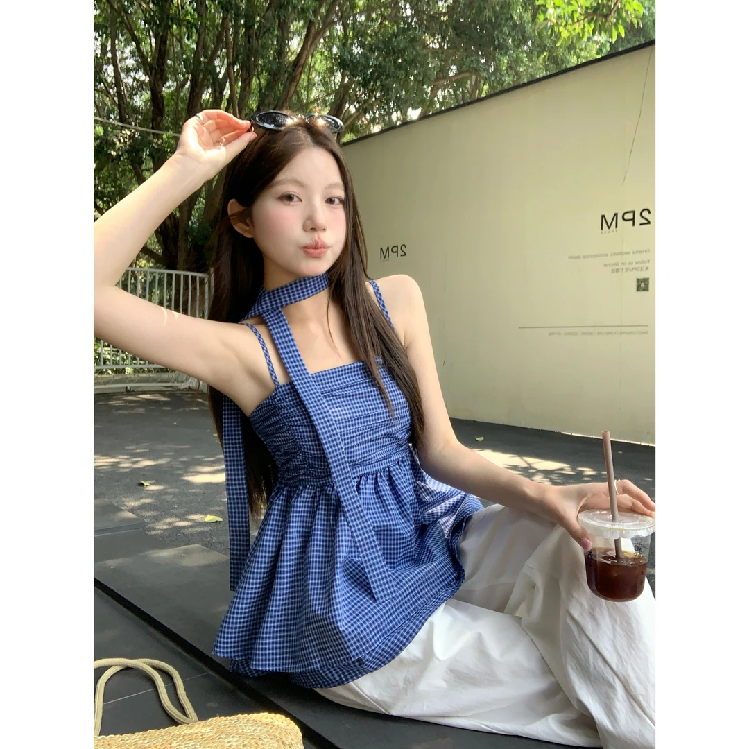 黑猫+实价实拍甜辣妹风格子褶皱吊带背心装女夏季复古减龄飘带无