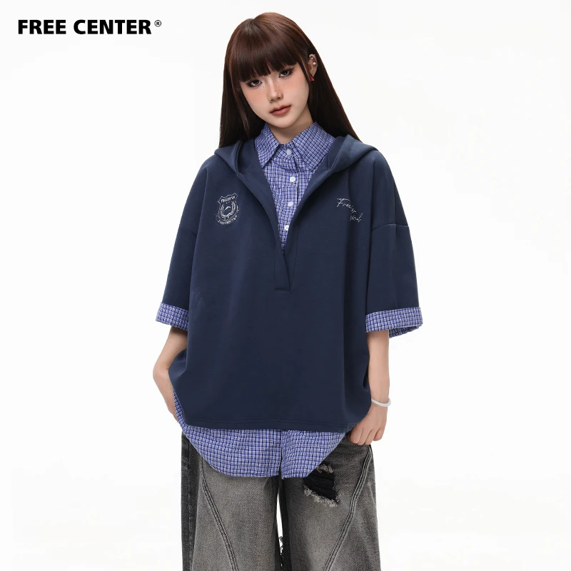 Free Center280G美式假两件格纹衬衫短袖夏高级感连帽T恤男女上衣