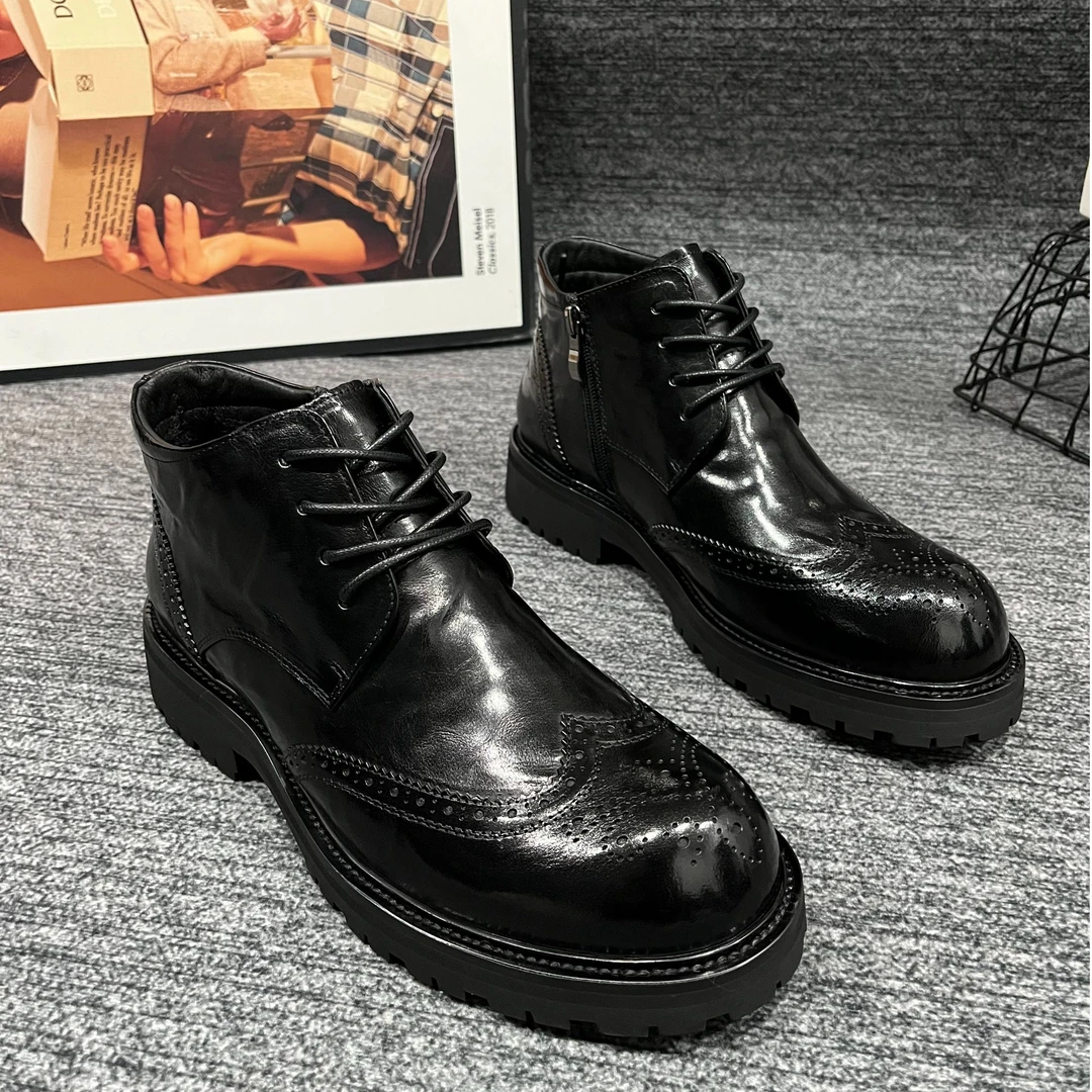 Y051【棉鞋】冬季新款男士真皮时尚百搭雕花经典切尔西轻奢商务男鞋
