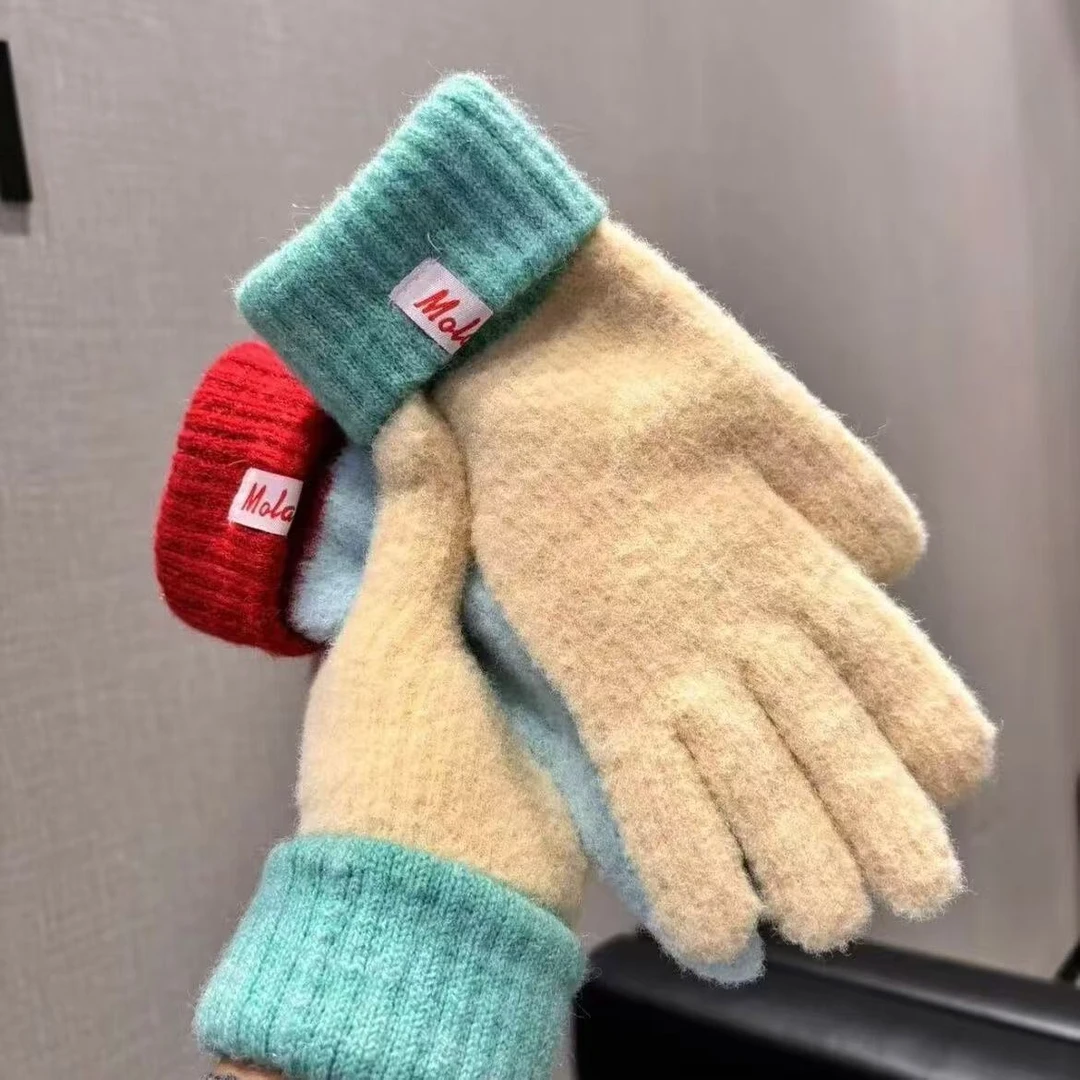 多巴胺彩色保暖毛线手套女秋冬季新款针织触屏冬天骑行五指防寒w