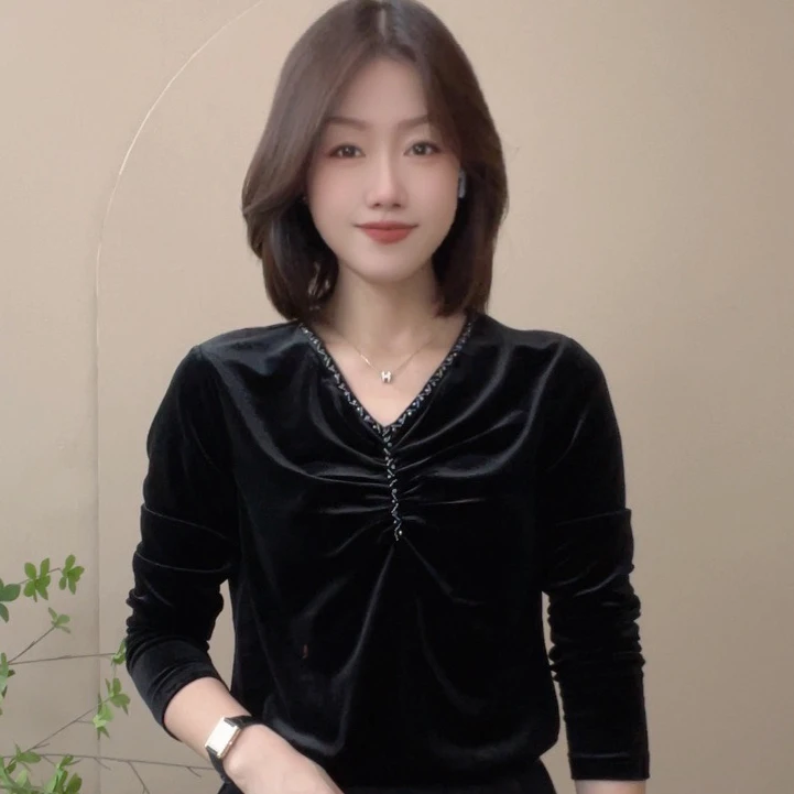 722秋季新款V领纯色长袖气质时尚休闲显瘦修身上衣打底衫女