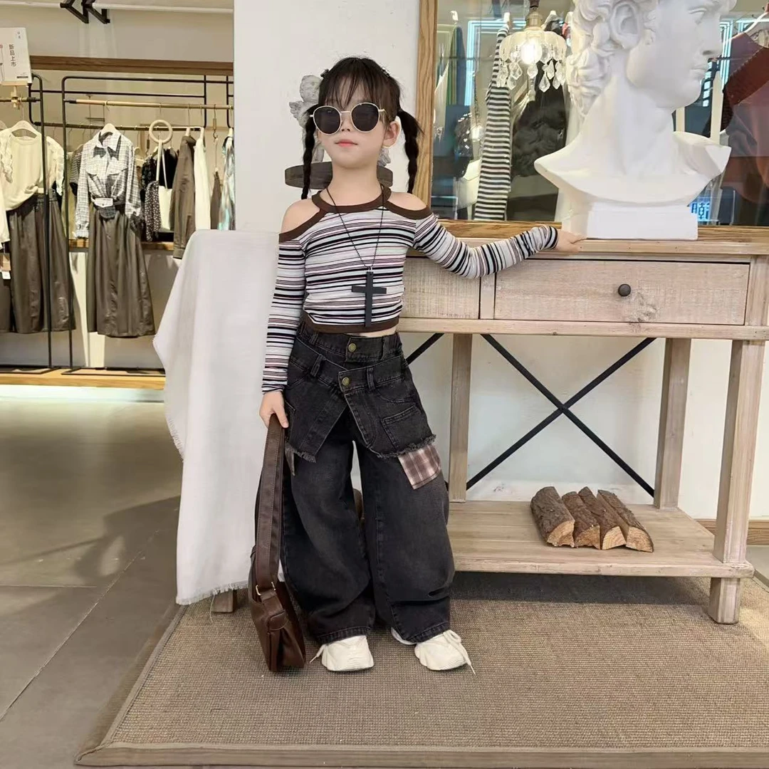 女童设计感套装2025年儿童春秋装女孩条纹打底衫双腰牛仔裤两件套