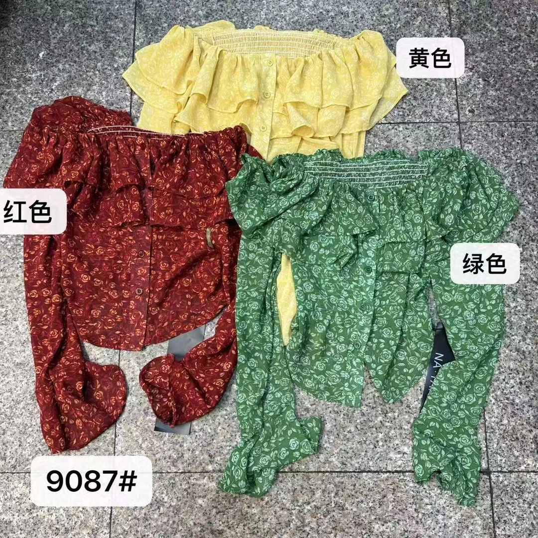 雯雯家 2025夏季雪纺碎花一字肩荷叶边显瘦上衣