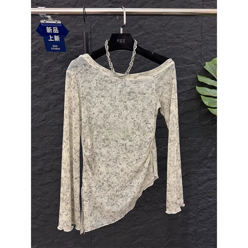 现货法式晕染花朵斜领针织衫女2025秋季设计感不规则下摆长袖上衣