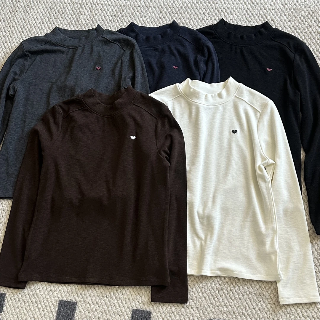 【米可家】直角肩爱心刺绣磨毛加绒内里高弹力长袖打底上衣25901