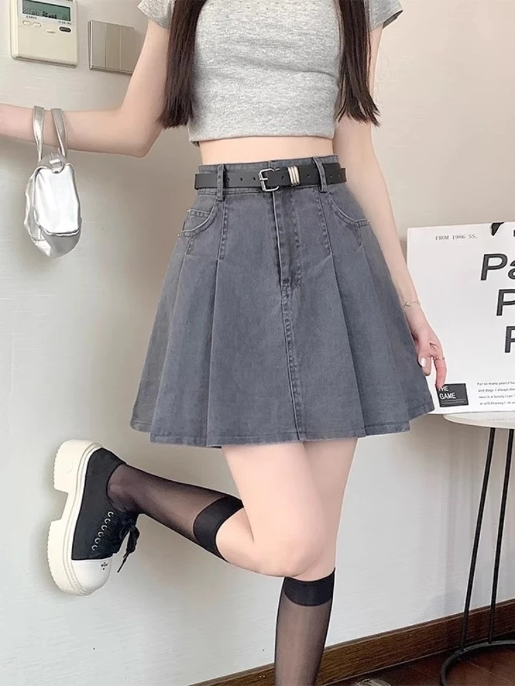 2025新款夏季轻薄透气高腰显瘦百褶防走光牛仔A字半身裙短裙
