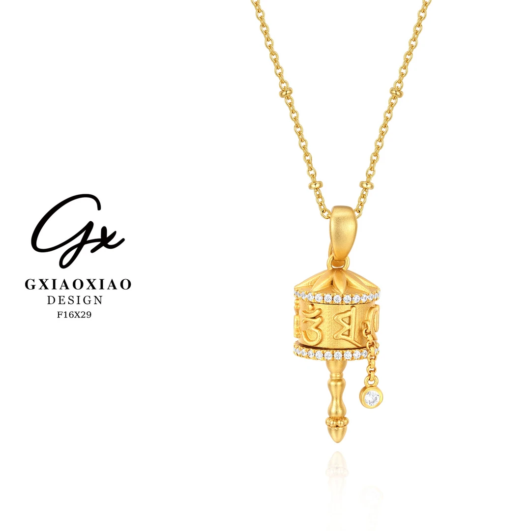 G XIAOXIAO 镀K金 【转经筒】新中式气质高级拨浪鼓项链 F16X29