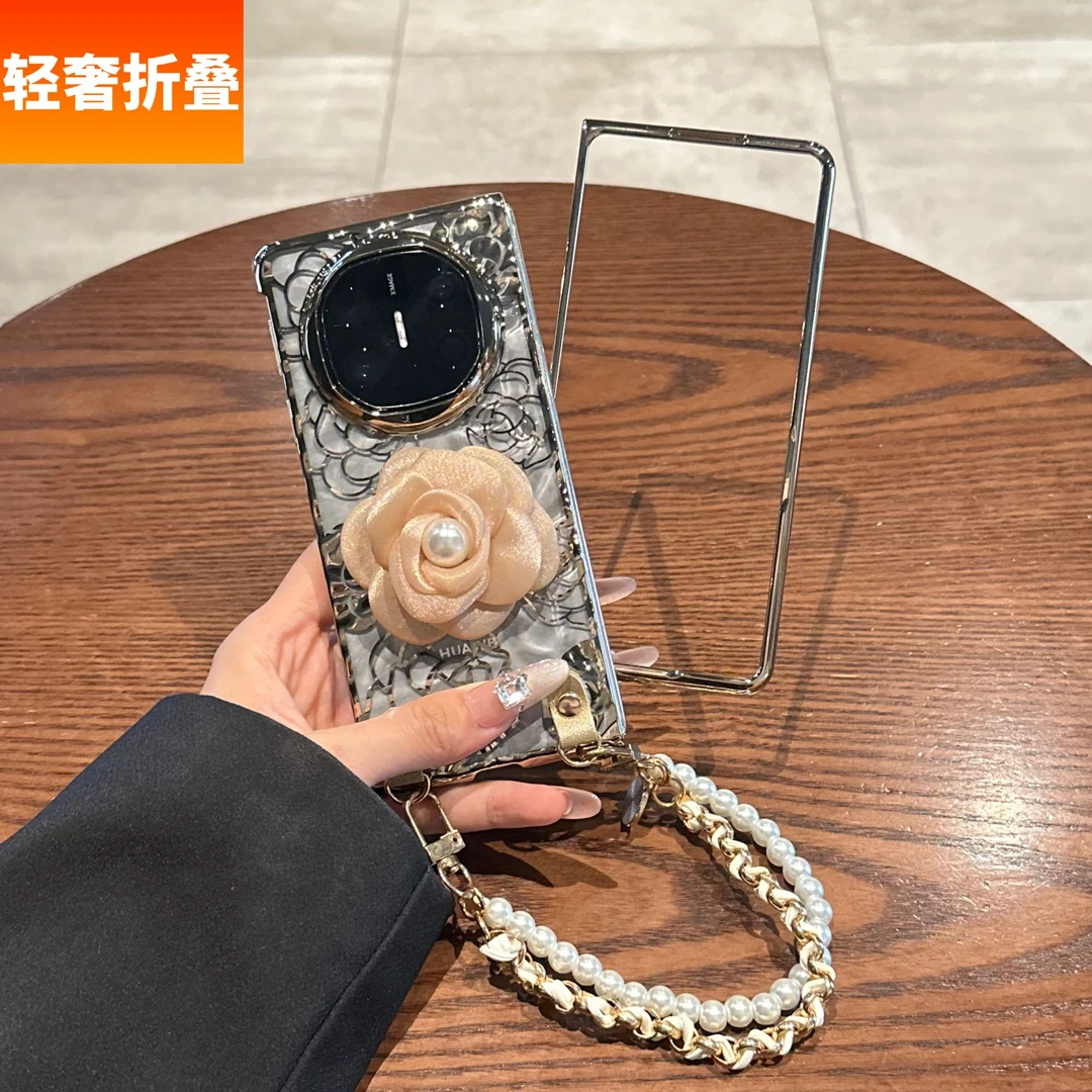 适用华为matex6手机壳matex5典藏版折叠屏金色电镀褶皱玫瑰花双链
