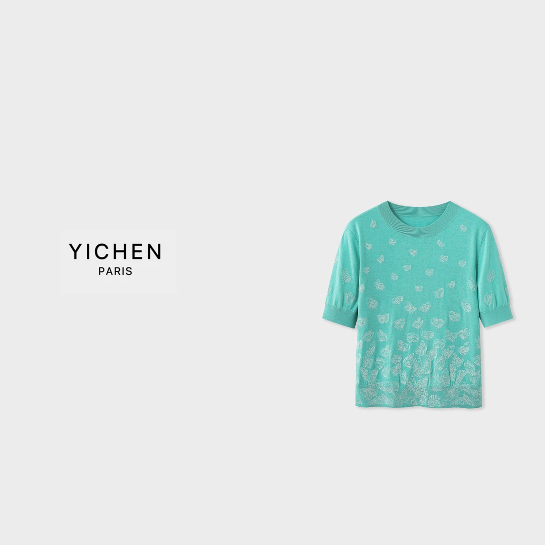 YC 松石绿蝴蝶重工刺绣圆领百搭针织短袖-2496