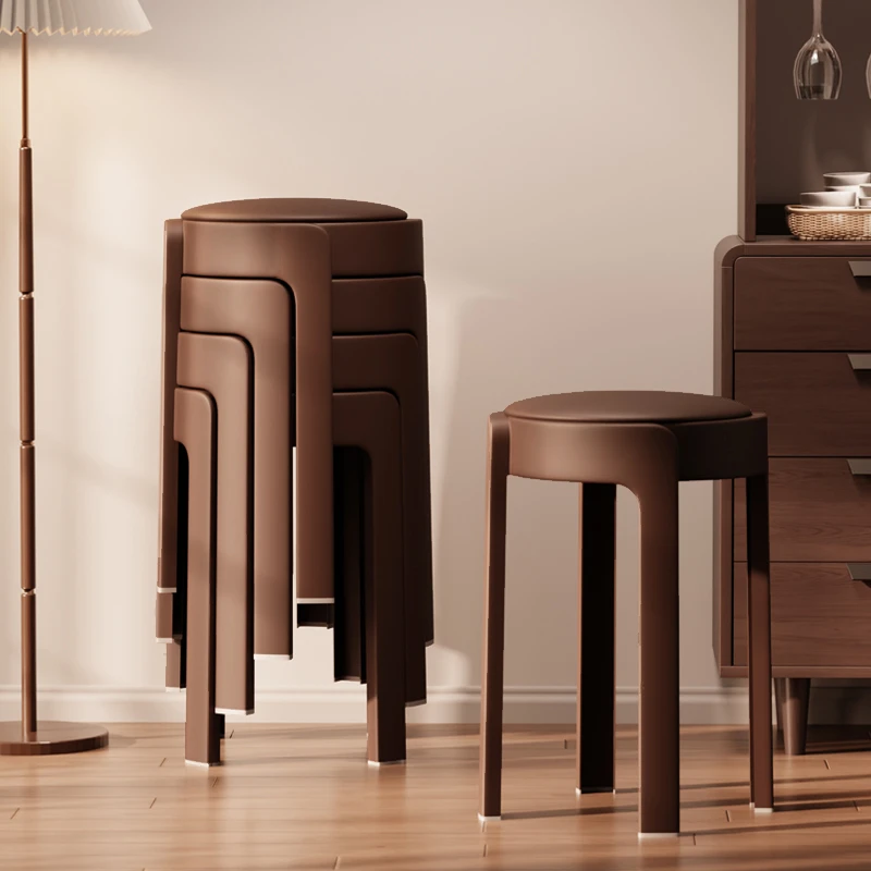 轻奢高级感塑料软包凳子家用加厚结实耐用可叠放备用高凳餐桌圆凳