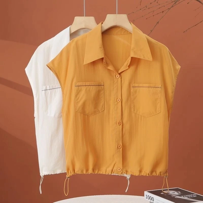 无袖双口袋衬衫女夏季薄款新款polo领衬衣抽绳收腰女士短款上衣