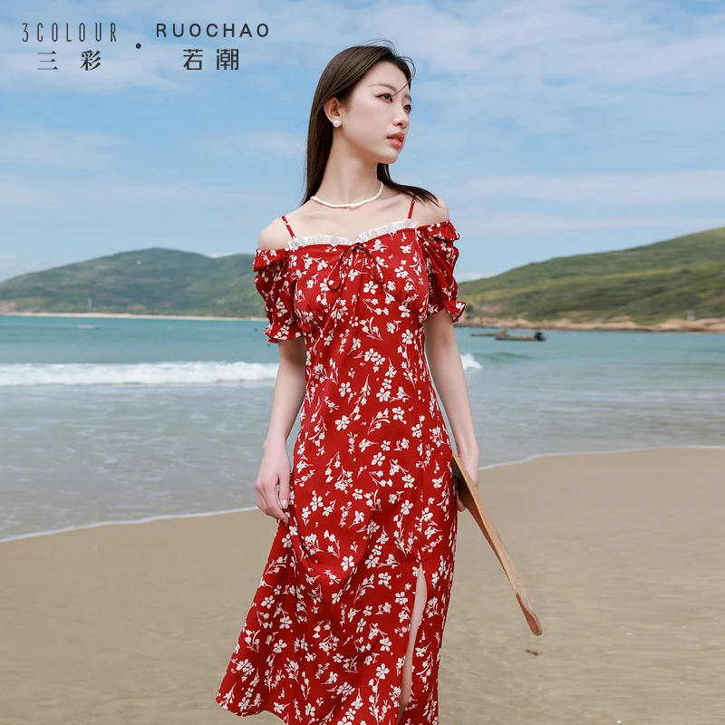 【商城专享】三彩大码女装夏季法式方领连衣裙雪纺碎花短袖开叉