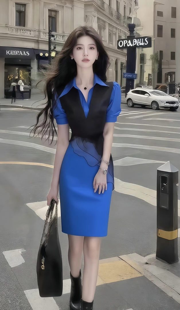 设计感黑蓝色衬衫领短袖修身收腰包臀不规则短裙两件套女显瘦女装