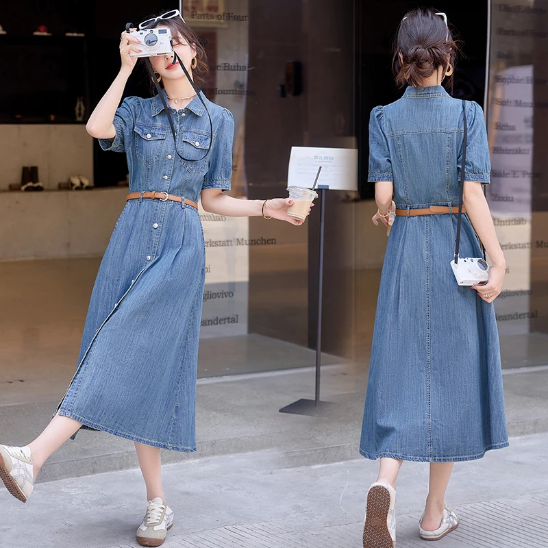 时尚显瘦牛仔连衣裙女2025夏季新款法式气质收腰显瘦衬衫牛仔裙子