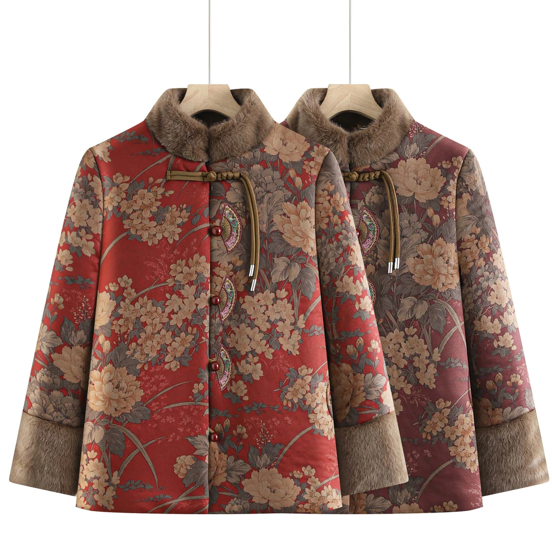 7744中老年妈妈冬装加绒保暖棉衣宽松百搭棉服加厚棉袄康燕