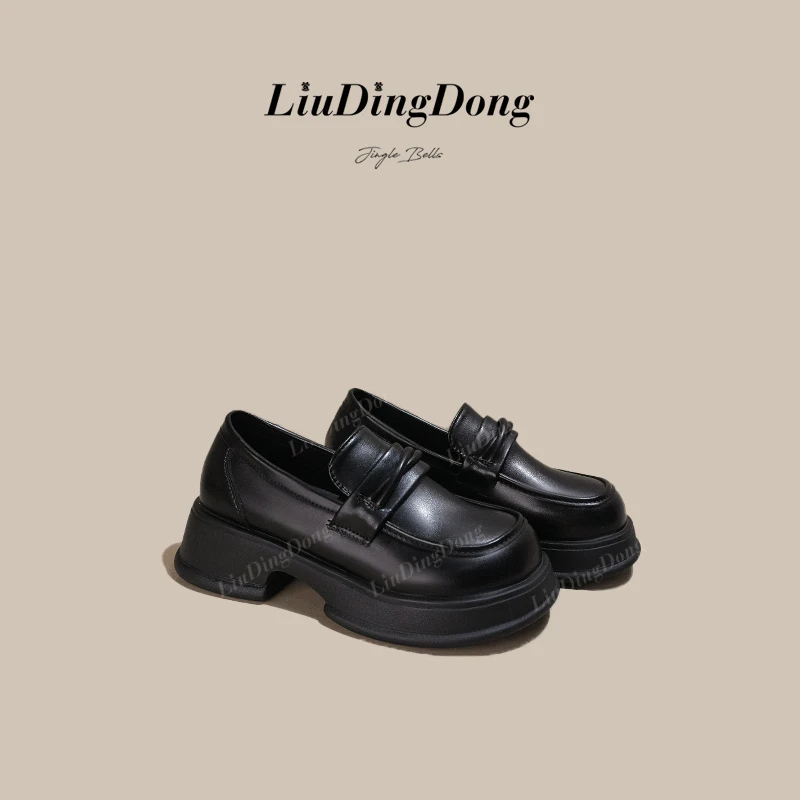 黑色爆款厚底小皮鞋女2025新款秋冬复古英伦风增高加绒乐福棉鞋子
