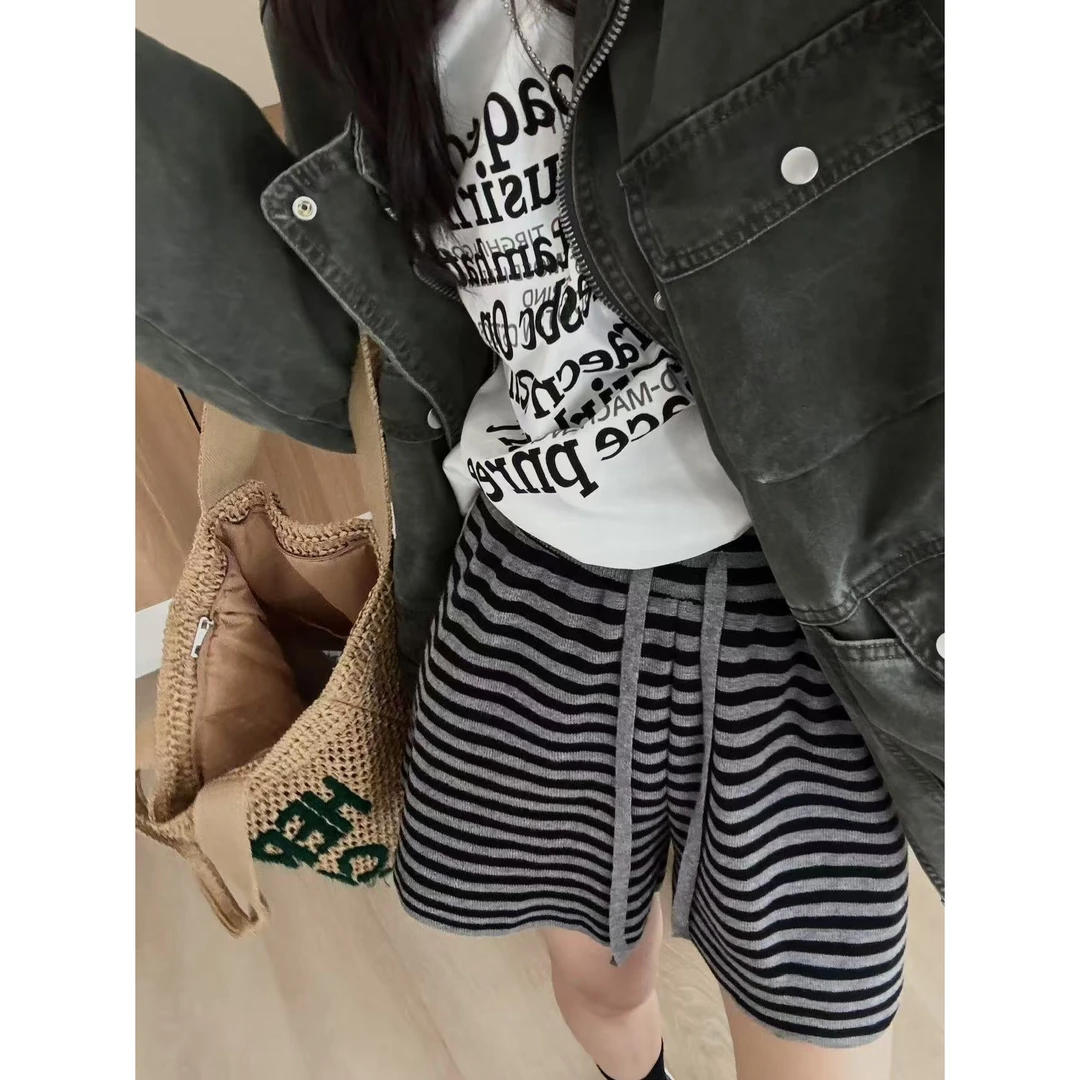 SP 针织条纹短裤复古抽绳休闲短裤秋季百搭针织短裤