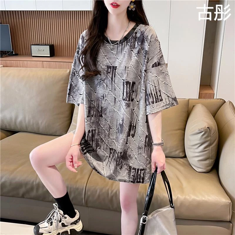 中长款短袖T恤女2025夏季新款欧货大版宽松显瘦遮屁股圆领上衣女