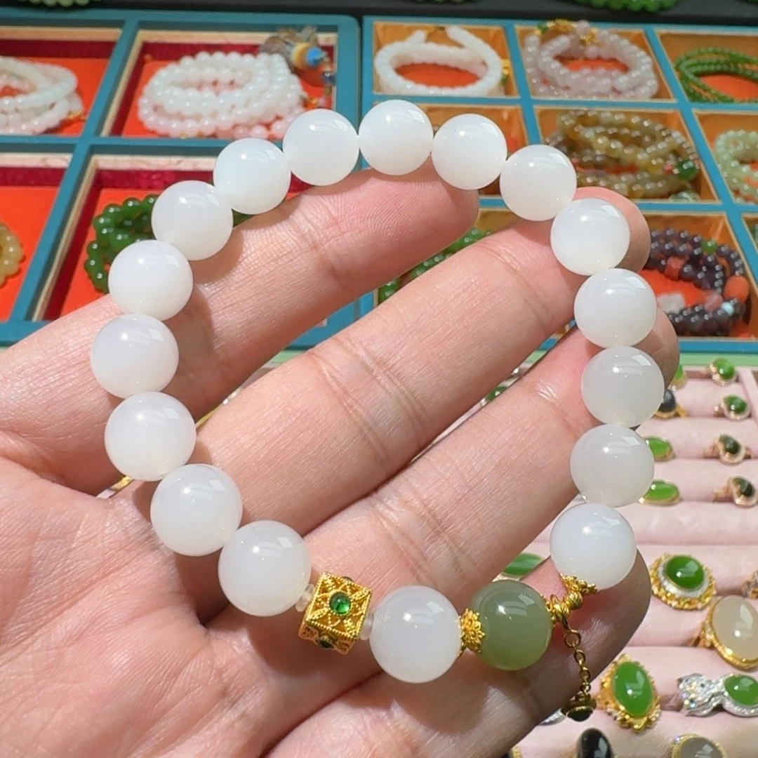 和田玉未镶嵌珠宝奇石新疆黑山白玉10mm手链