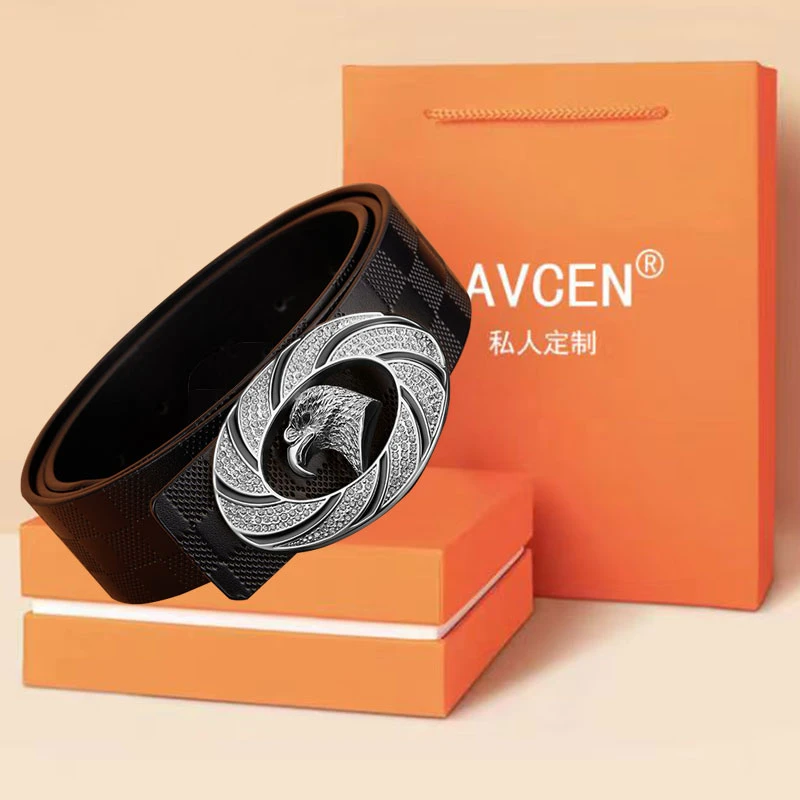 【私人定制格纹头层牛皮格纹皮带套装】铜鹰头男士皮带真皮新款腰带