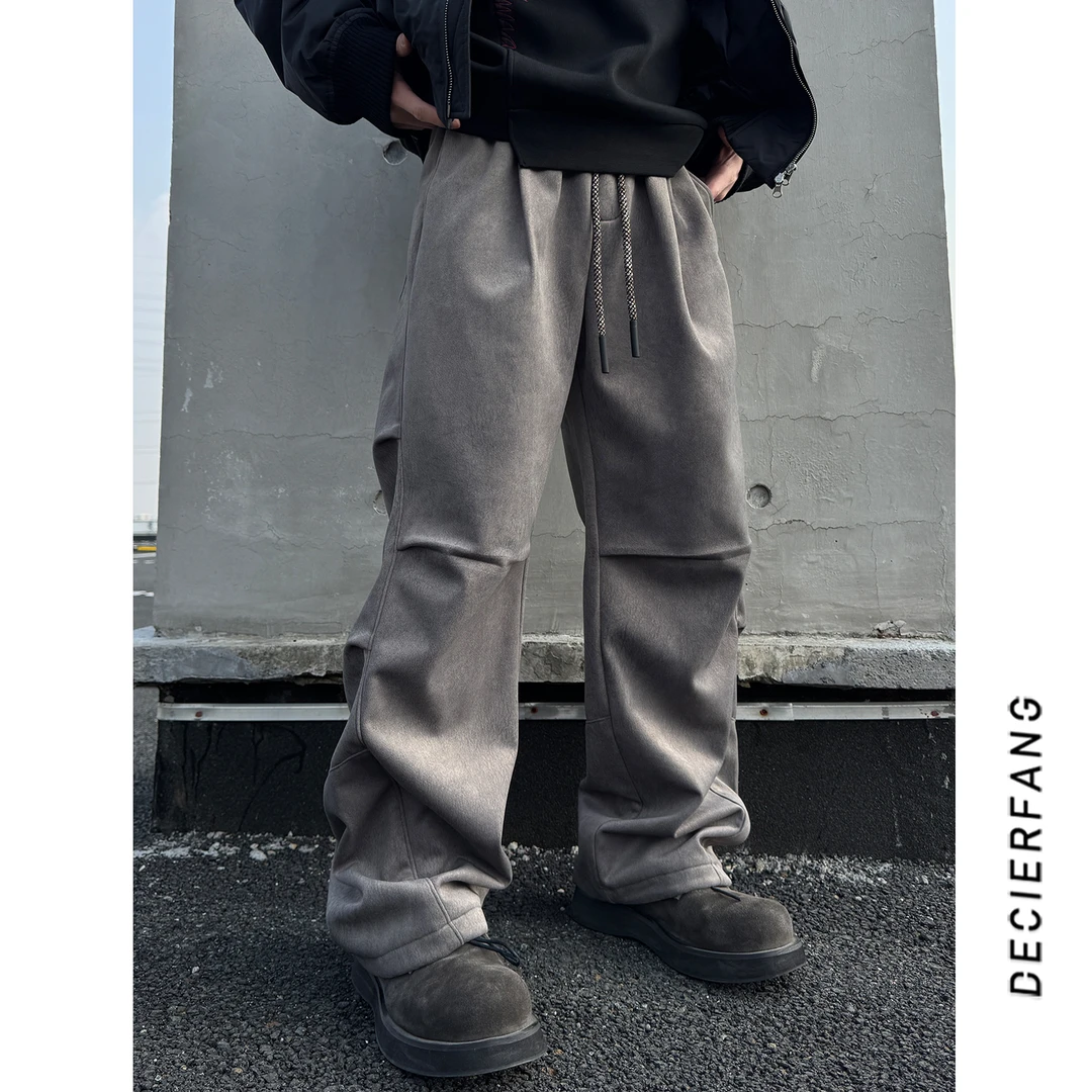 冬季潮牌加绒加厚褶皱休闲裤男美式高街痞帅百搭宽松阔腿休闲长裤