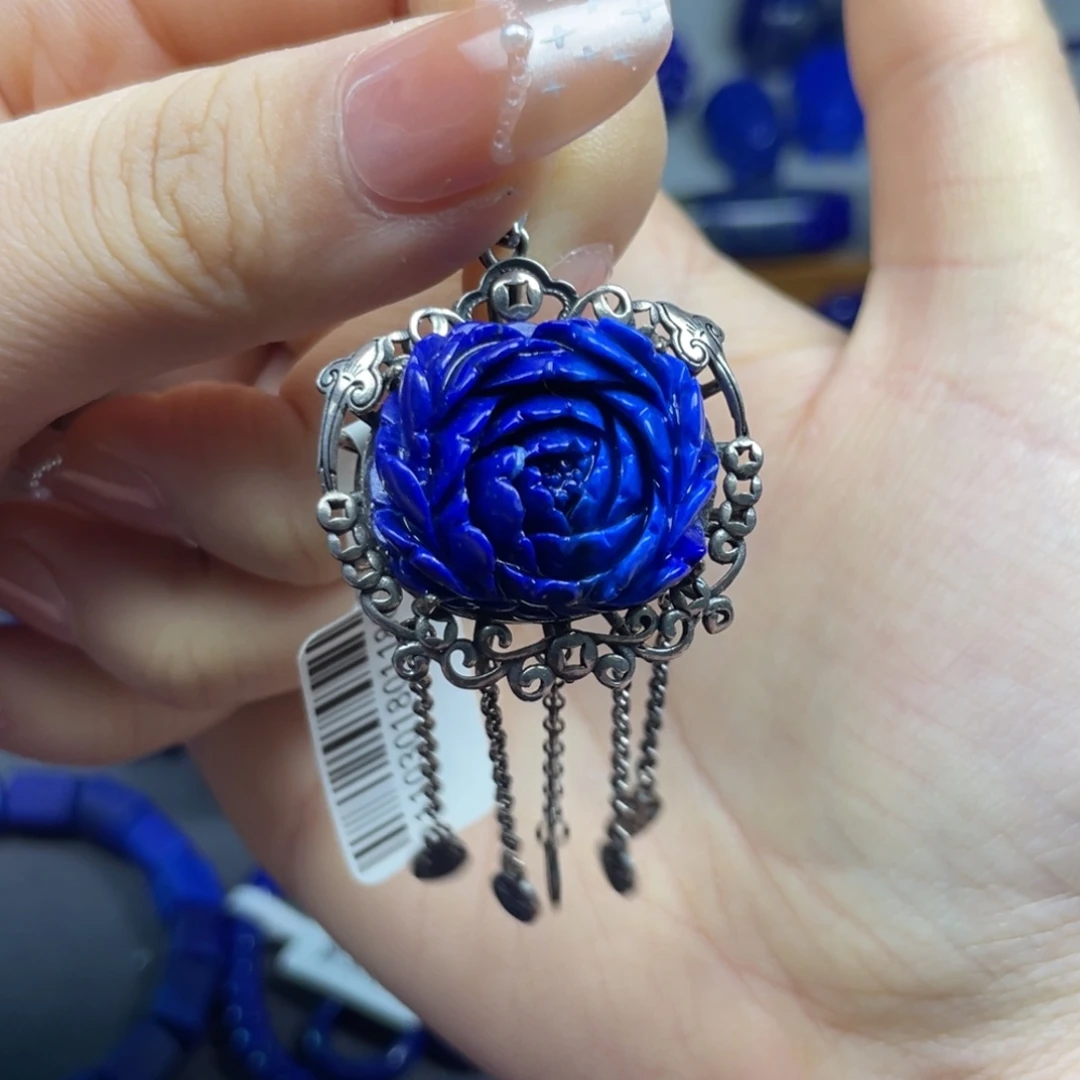 青金石银S925镶嵌花花吊坠