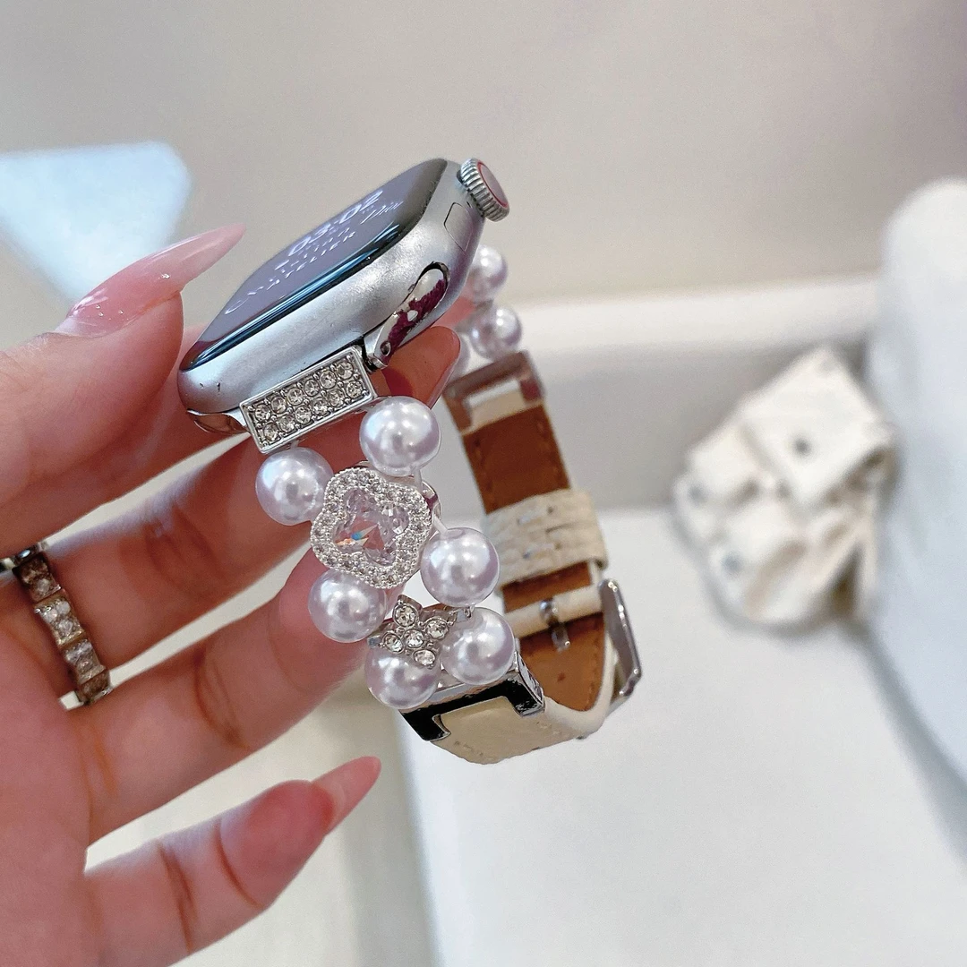 适用华为GT6手表带watch4四叶草珍珠真皮腕带fit3轻奢小香风gt5链