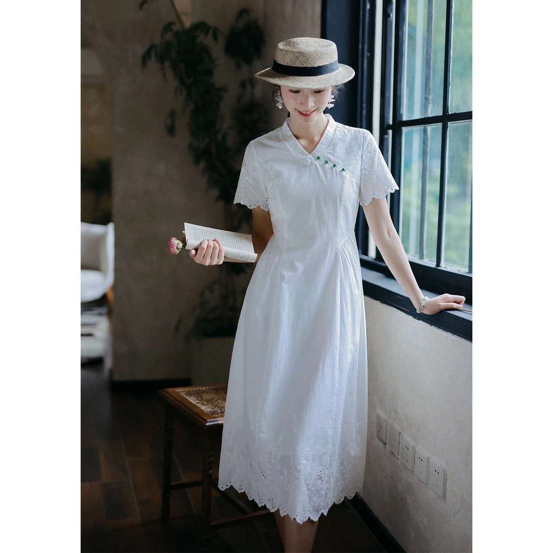 红念原创白色纯棉中式连衣裙女短袖夏季2025新款女装气质优雅裙子