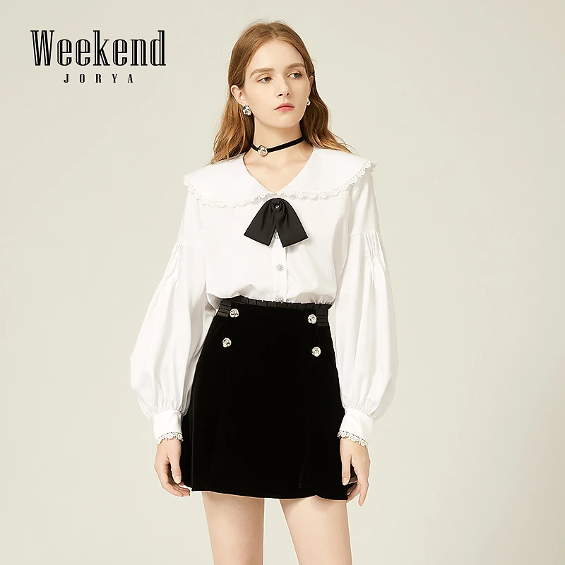 【媛媛女王专享】卓雅周末冬甜美蝴蝶结珠饰灯笼袖衬衫EJWDDQ08