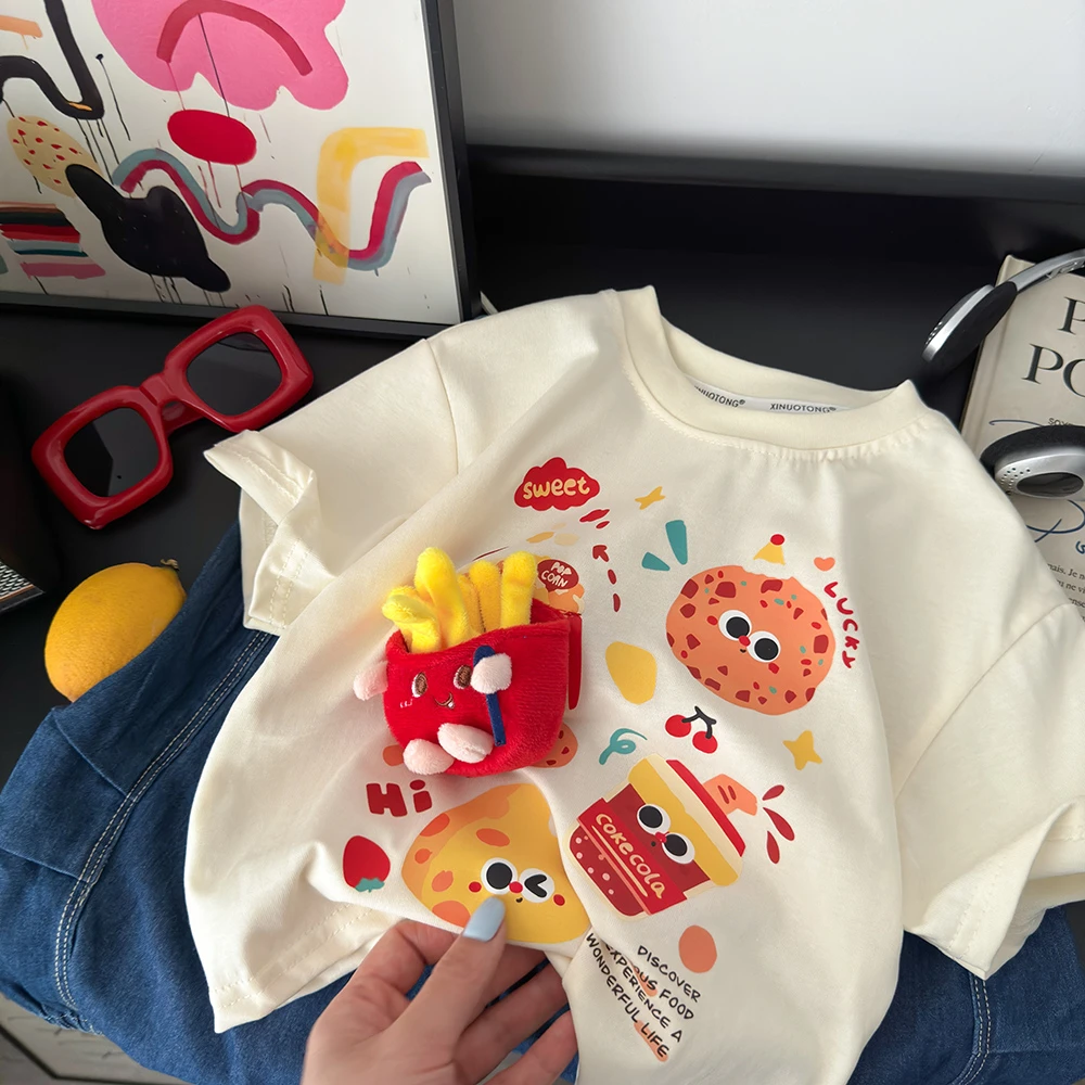 亲子装新款儿童时尚印花立体玩偶百搭休闲短袖卡通T恤