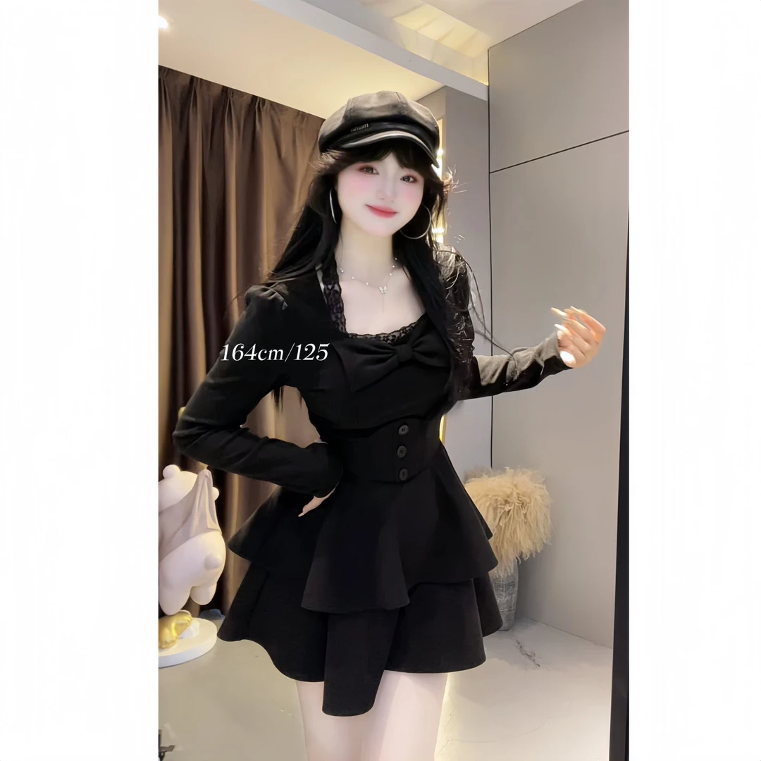 【费洛蒙】微胖mm7711纯欲感蕾丝边拼接上衣女秋冬蝴蝶结长袖套装