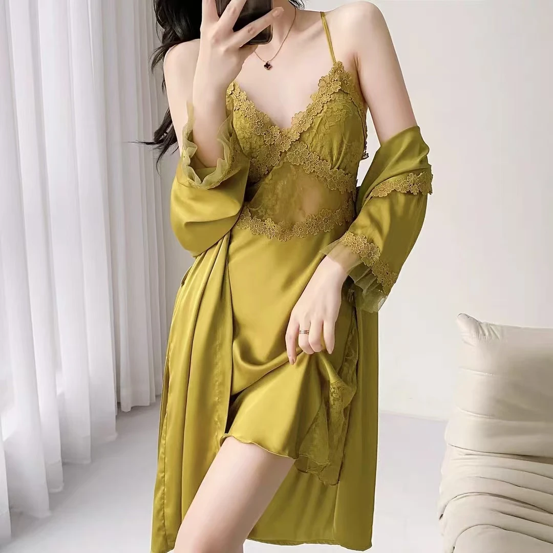 夏季女款纯欲薄款睡袍冰丝性感蕾丝睡裙吊带家居服睡衣套装夏款