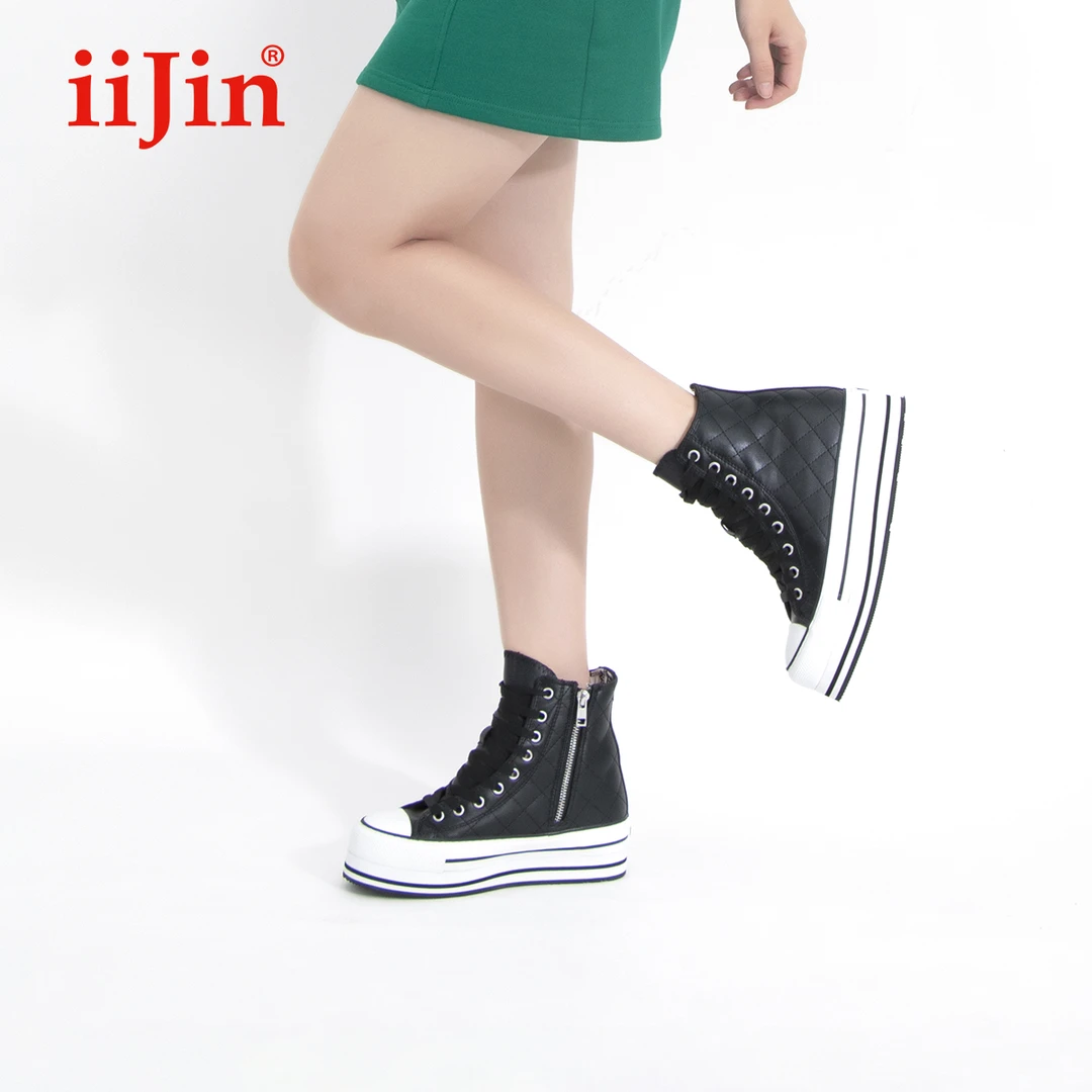 【明星同款】iiJin艾今10.5cm厚底内增高格纹高帮鞋女AF005QT(AL)